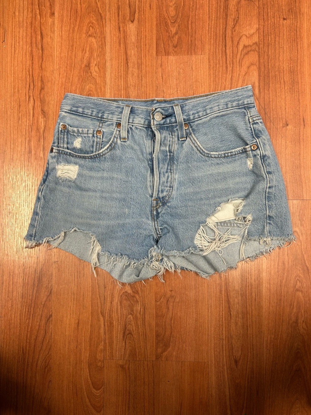 Levis 501 Denim Shorts Women's Size 28 Button Fly Light Wash Distressed